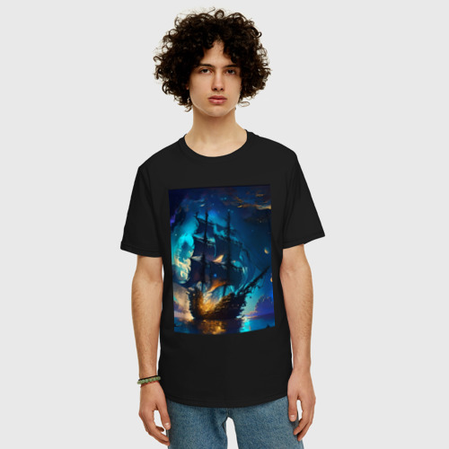 Мужская футболка хлопок Oversize с принтом Корабль в ночном море - нейросеть, фото на моделе #1