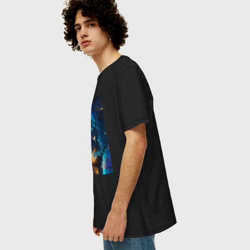 Мужская футболка хлопок Oversize с принтом Корабль в ночном море - нейросеть, вид сбоку #3