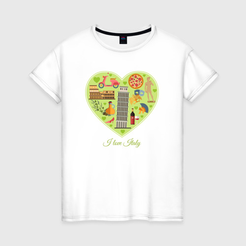 Женская футболка из хлопка с принтом Я люблю Италию, вид спереди №1