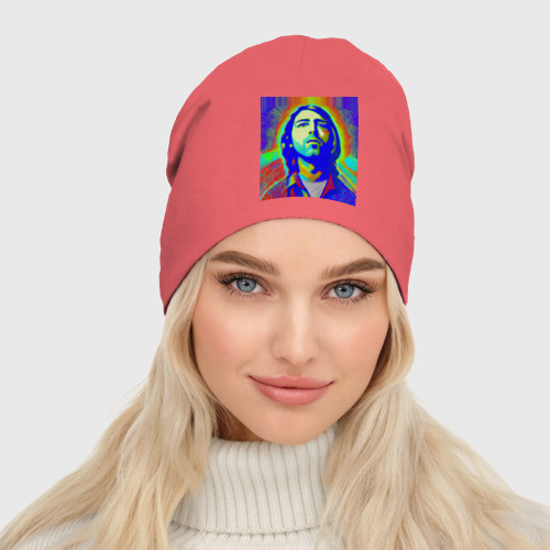 Женская шапка демисезонная Kurt Cobain Glitch Art, цвет коралловый - фото 3