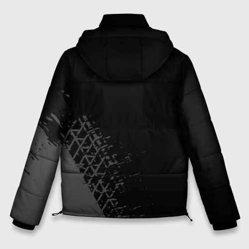 Мужская зимняя куртка 3D с принтом Lifan speed на темном фоне со следами шин: надпись, символ, вид сзади #1