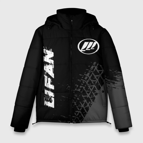Мужская зимняя куртка 3D с принтом Lifan speed на темном фоне со следами шин: надпись, символ, вид спереди #2