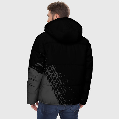 Мужская зимняя куртка 3D с принтом Lifan speed на темном фоне со следами шин: надпись, символ, вид сзади #2
