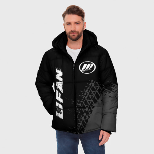 Мужская зимняя куртка 3D с принтом Lifan speed на темном фоне со следами шин: надпись, символ, фото на моделе #1