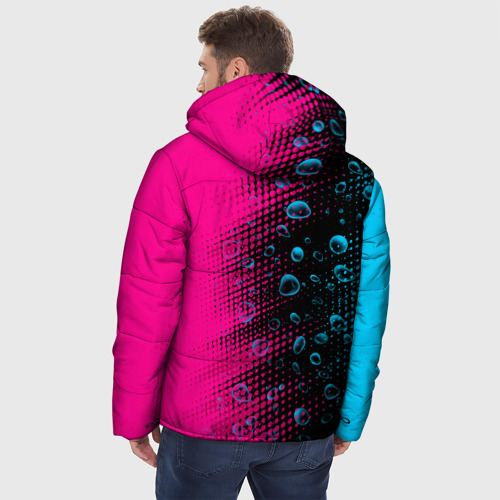 Мужская зимняя куртка 3D с принтом Mitsubishi - neon gradient: по-вертикали, вид сзади #2