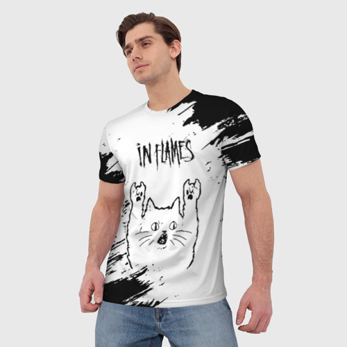 Мужская футболка 3D In Flames рок кот на светлом фоне, цвет 3D печать - фото 3