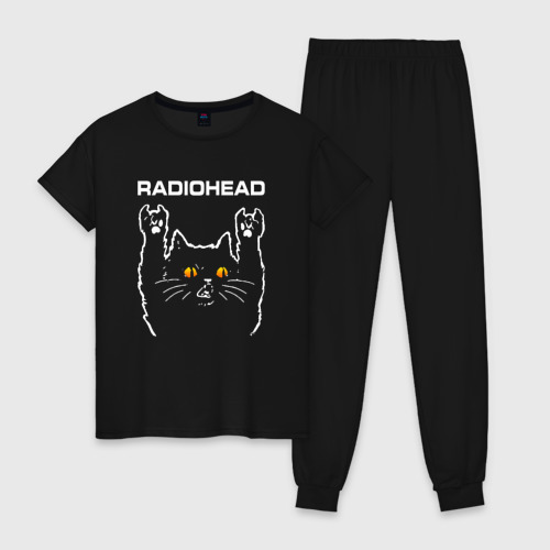 Женская пижама хлопок с принтом Radiohead rock cat, вид спереди #2