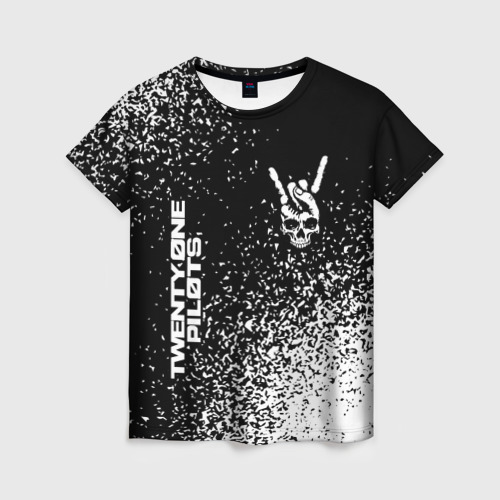 Женская футболка 3D с принтом Twenty One Pilots и рок символ на темном фоне, вид спереди #2