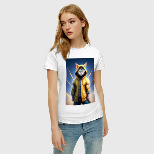 Женская футболка хлопок Супер кот в капюшоне, цвет белый - фото 3