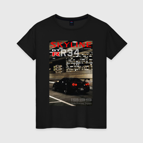 Женская футболка хлопок Nissan Skyline GTR R34 обложка журнала, цвет черный