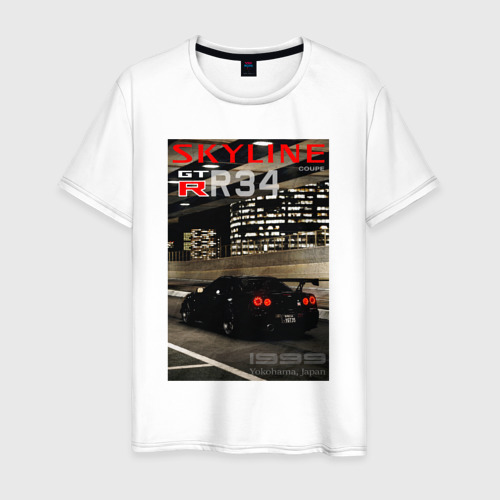 Мужская футболка из хлопка с принтом Nissan Skyline GTR R34 обложка журнала, вид спереди №1