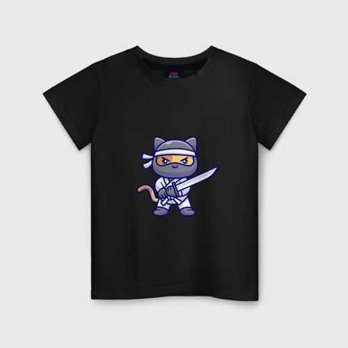 Детская футболка хлопок Милый кот ниндзя, цвет черный