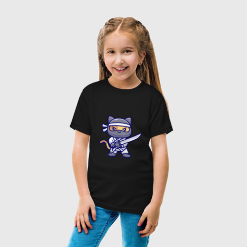 Детская футболка хлопок Милый кот ниндзя, цвет черный - фото 5