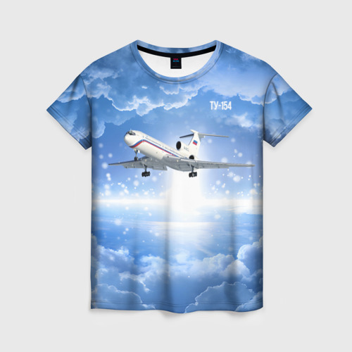 Женская футболка 3D с принтом Ту-154 в морозном небе, вид спереди #2