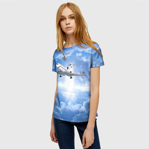 Женская футболка 3D с принтом Ту-154 в морозном небе, фото на моделе #1