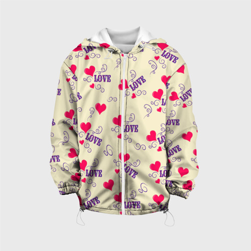 Детская куртка 3D с принтом Любовь - надпись и сердечки, вид спереди #2