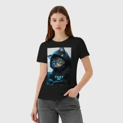 Женская футболка хлопок Кот программист, Киберпанк - фото 2