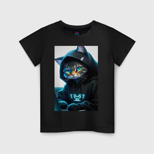 Детская футболка хлопок с принтом Кот программист, киберпанк, вид спереди #2