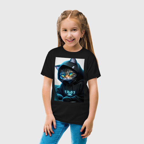 Детская футболка хлопок с принтом Кот программист, киберпанк, вид сбоку #3