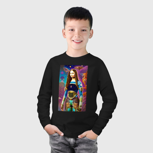 Детский лонгслив хлопок Мона Лиза наших дней - нейросеть - фантазия, цвет черный - фото 3