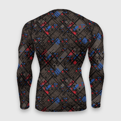 Мужской рашгард 3D с принтом Красные, синие, черные фигуры и линии на коричневом фоне, вид сзади #1