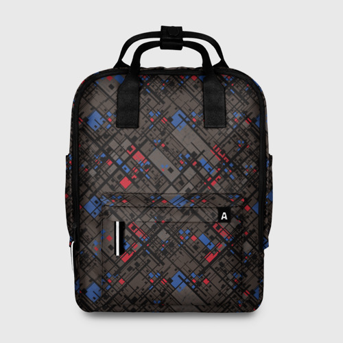 Женский рюкзак 3D с принтом Красные, синие, черные фигуры и линии на коричневом фоне, вид спереди #2