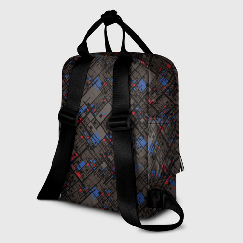 Женский рюкзак 3D с принтом Красные, синие, черные фигуры и линии на коричневом фоне, вид сзади #1