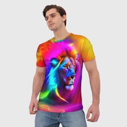 Мужская футболка 3D Неоновый лев в цветовой абстракции - фото 2