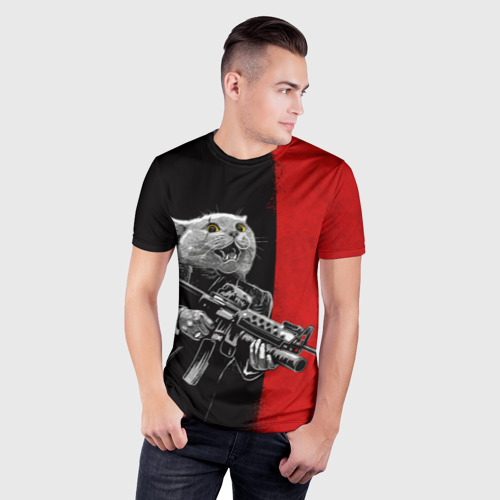Мужская футболка 3D Slim с принтом Кот гангстер с m4a4, фото на моделе #1