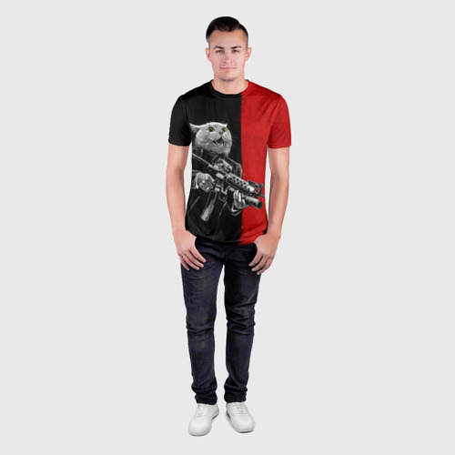 Мужская футболка 3D Slim с принтом Кот гангстер с m4a4, вид сбоку #3