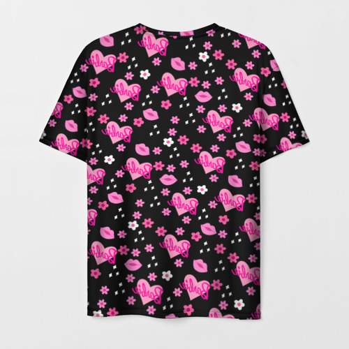 Мужская футболка 3D с принтом Черный фон, барби и цветы, вид сзади #1