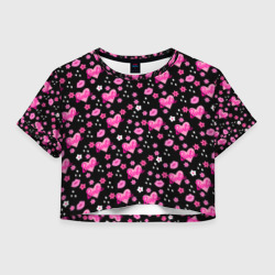 Женская футболка Crop-top 3D Черный фон, барби и цветы