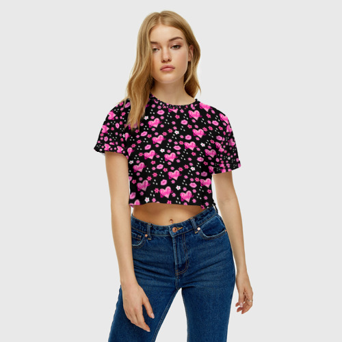 Женская футболка Crop-top 3D Черный фон, барби и цветы, цвет 3D печать - фото 3