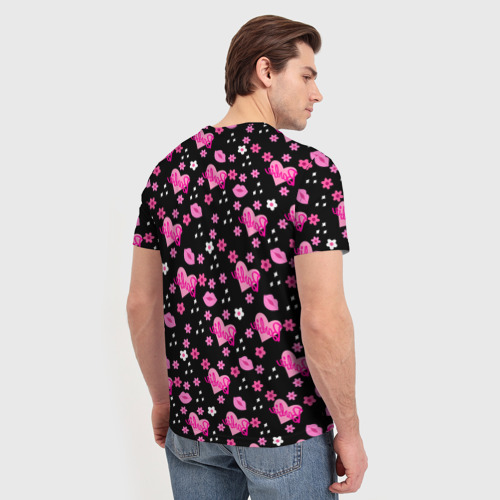 Мужская футболка 3D с принтом Черный фон, барби и цветы, вид сзади #2