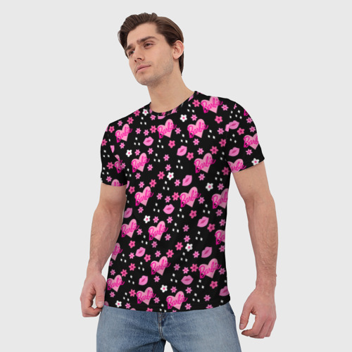 Мужская футболка 3D с принтом Черный фон, барби и цветы, фото на моделе #1