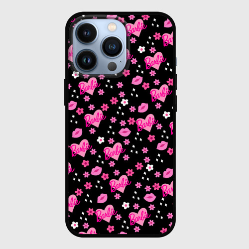 Чехол для iPhone 13 Pro Черный фон, барби и цветы, цвет черный