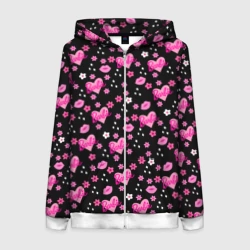 Женская толстовка 3D на молнии Черный фон, барби и цветы