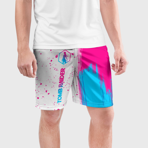 Мужские шорты спортивные с принтом Tomb Raider neon gradient style: по-вертикали, фото на моделе #1