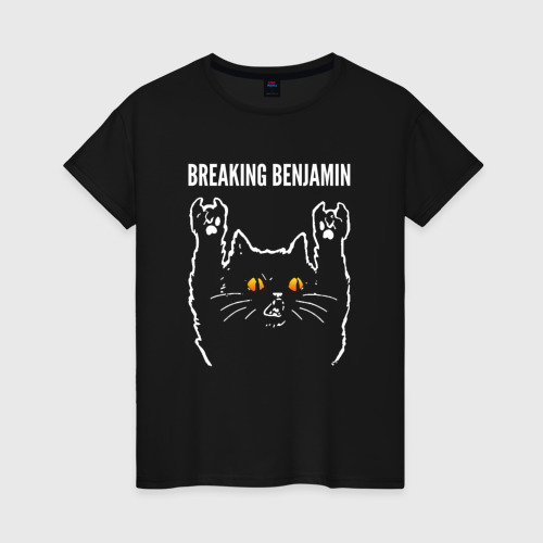 Женская футболка хлопок Breaking Benjamin rock cat, цвет черный