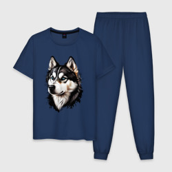 Мужская пижама хлопок Голубоглазая черно-белая собака Хаски