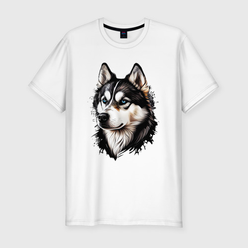 Мужская приталенная футболка из хлопка с принтом Голубоглазая черно-белая собака Хаски, вид спереди №1