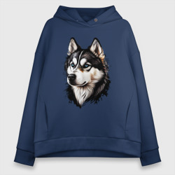 Женское худи Oversize хлопок Голубоглазая черно-белая собака Хаски