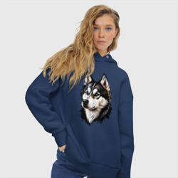 Женское худи Oversize хлопок Голубоглазая черно-белая собака Хаски - фото 2