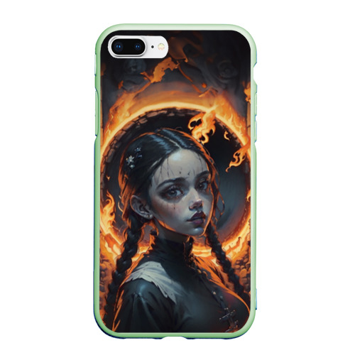 Чехол для iPhone 7Plus/8 Plus матовый Готическая девушка с двумя косами в огненном круге, цвет салатовый