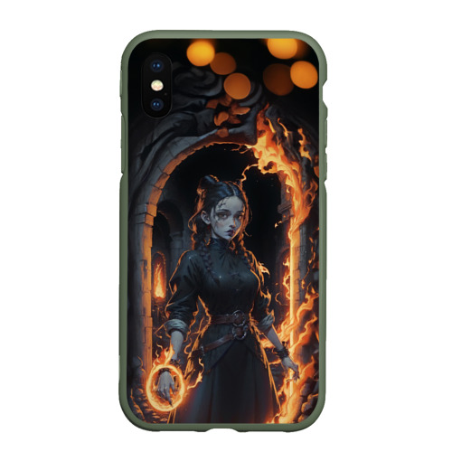 Чехол для iPhone XS Max матовый с принтом Готическая девушка с двумя косами огненная магия, вид спереди #2