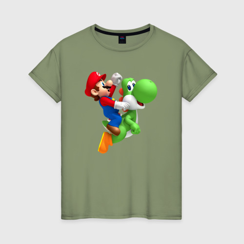 Женская футболка хлопок с принтом Марио вместе с Йоши, вид спереди #2