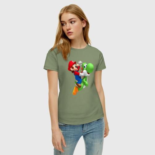 Женская футболка хлопок с принтом Марио вместе с Йоши, фото на моделе #1