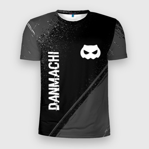 Мужская приталенная футболка с принтом DanMachi glitch на темном фоне: надпись, символ, вид спереди №1