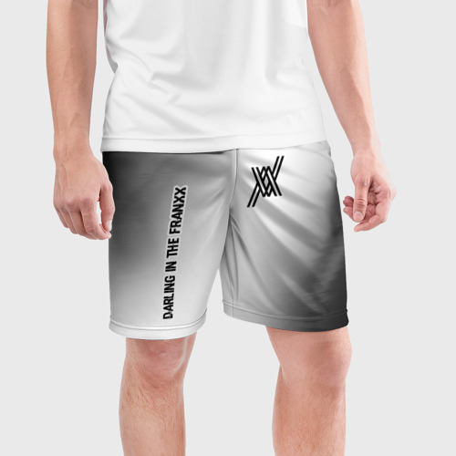 Мужские шорты спортивные с принтом Darling in the Franxx glitch на светлом фоне: надпись, символ, фото на моделе #1