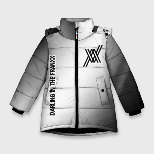 Зимняя куртка для девочек 3D с принтом Darling in the Franxx glitch на светлом фоне: надпись, символ, вид спереди #2